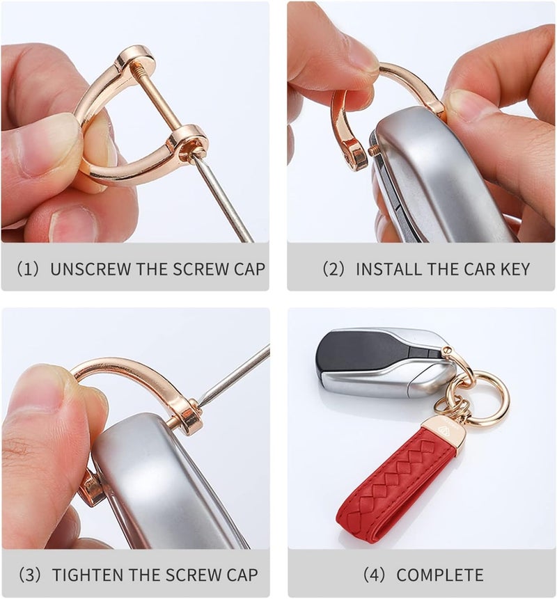 Hamdecro Store Genuine Leather Keychains, Handmade Knit Sheepskin Car Key chains for Women, Universal Key Fob Holder with 360 Degree Rotatable, Anti-Lost D-Ring, 2 Keyrings and 1 Screwdriver – Red - Image 4